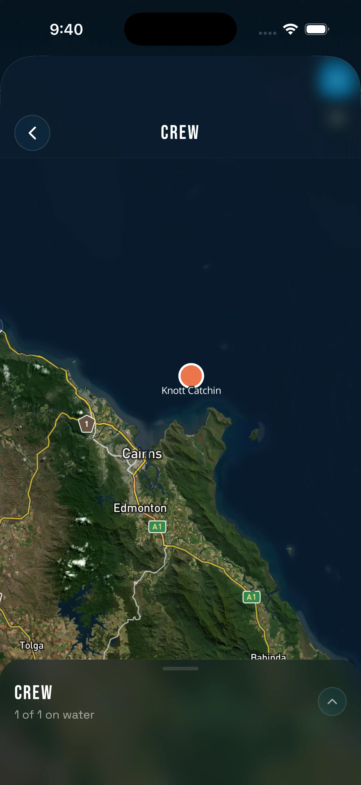 Fisho Crew screen showing a shared boat position near Cairns